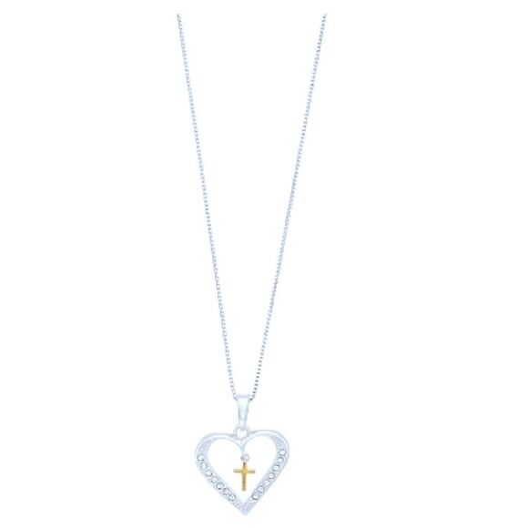 Delicate Diamonds Two Tone Sterling Silver Open Heart Cross Pendant Necklace - Picture 2 of 2